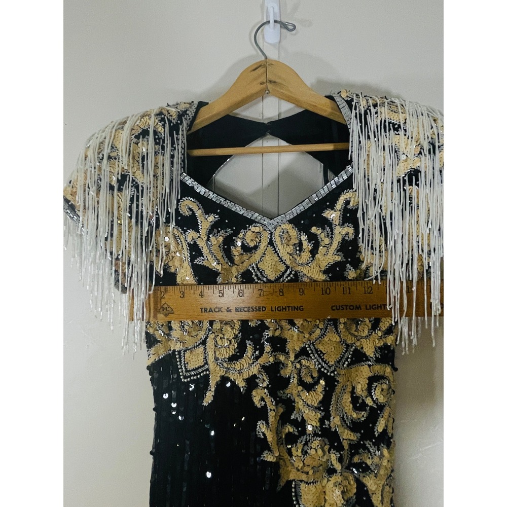 Gatsby Art Deco 80s Glam Black Gold Sequin Fringe Silk Gown Nite Line SZ 6 - Picture 6 of 10